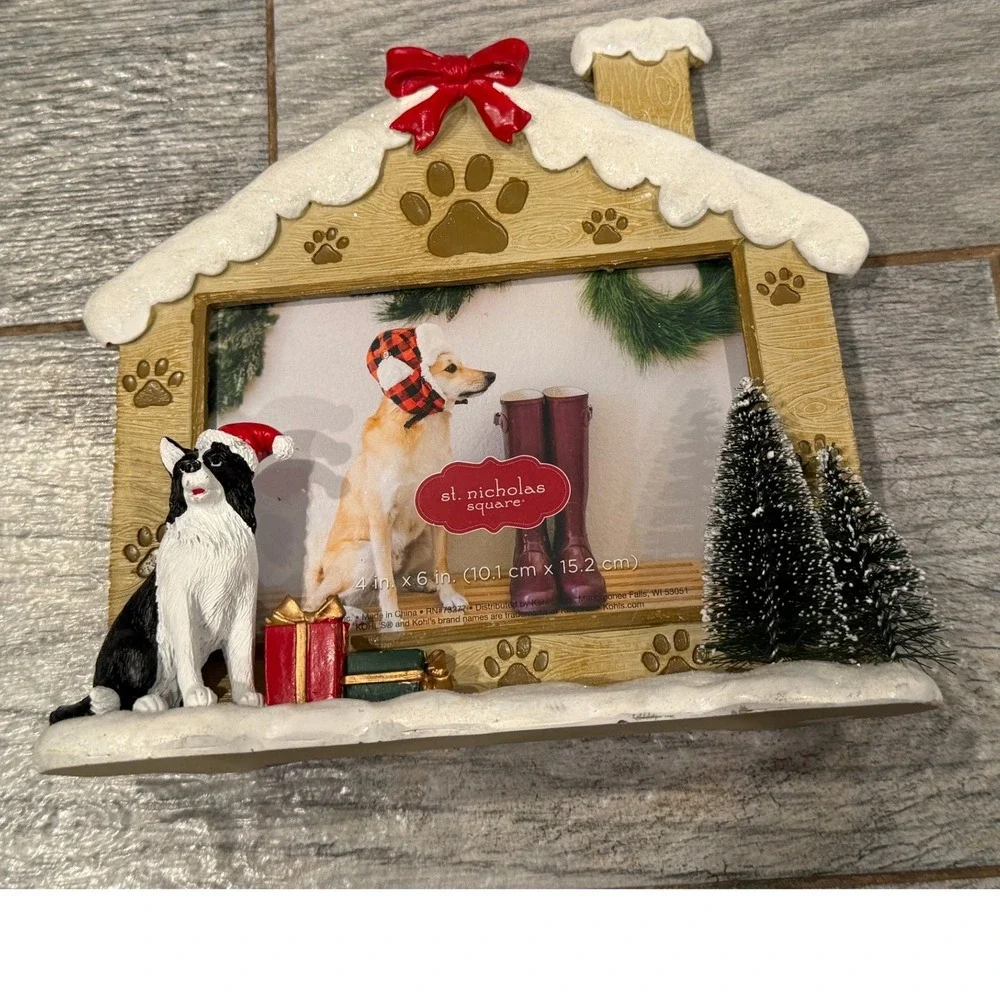 St Nicholas Square Christmas Dog House Picture Frame 4x6 Border Collie 3D Resin